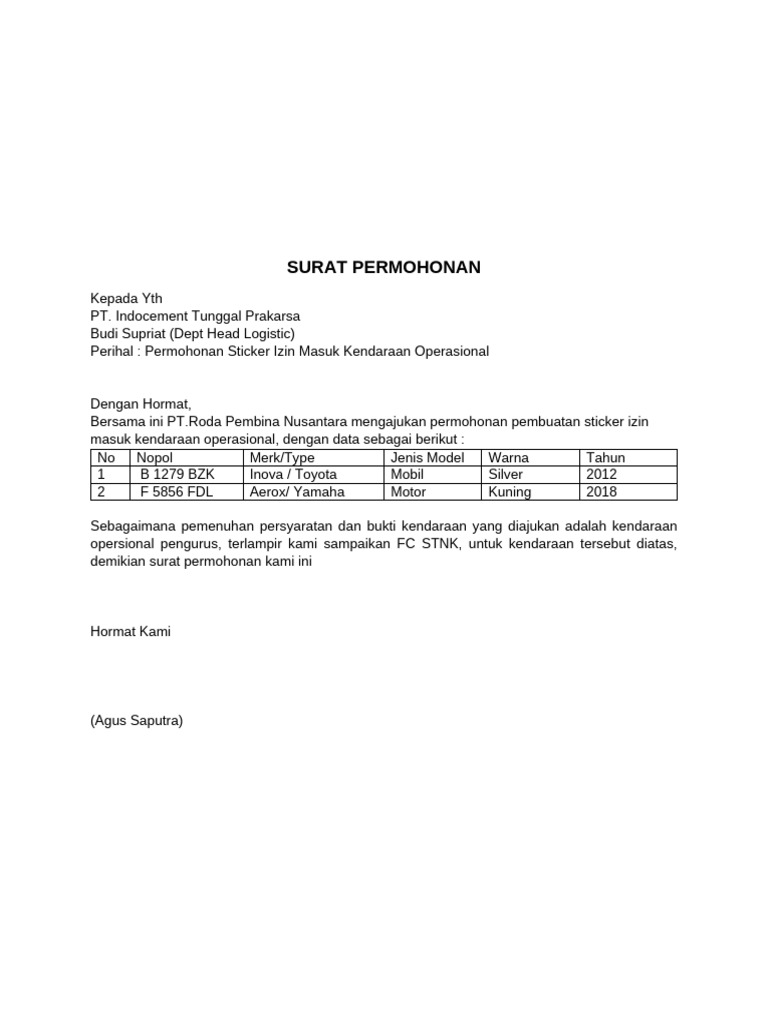 Permohonan Sticker Izin Kendaraan PT Roda | PDF