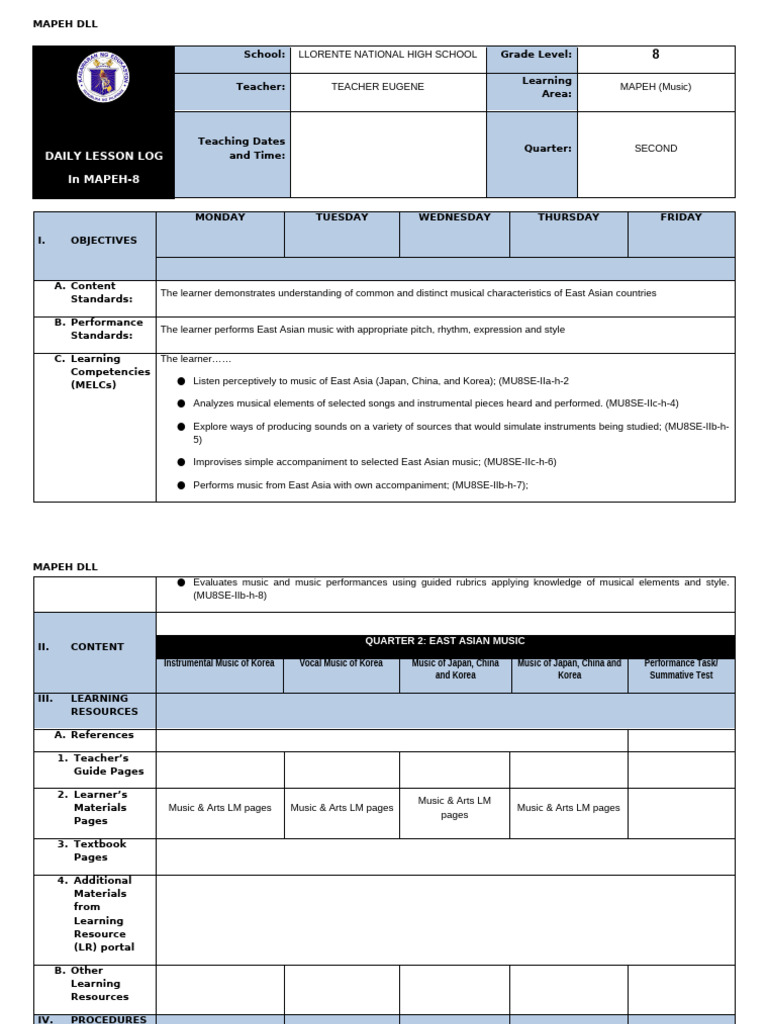 Q2 DLL-MAPEH 8_Music (2) | PDF | Musical Instruments | Performing Arts