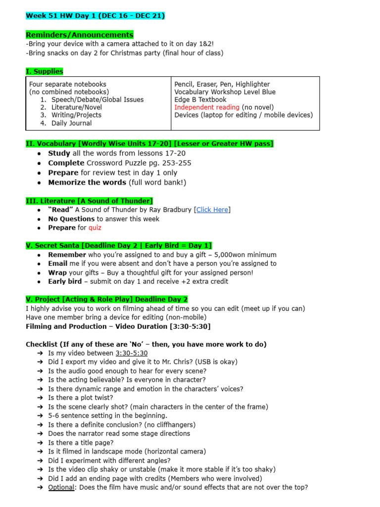 51 HW Day 1 - 2 (DEC 16 - DEC 21) | PDF