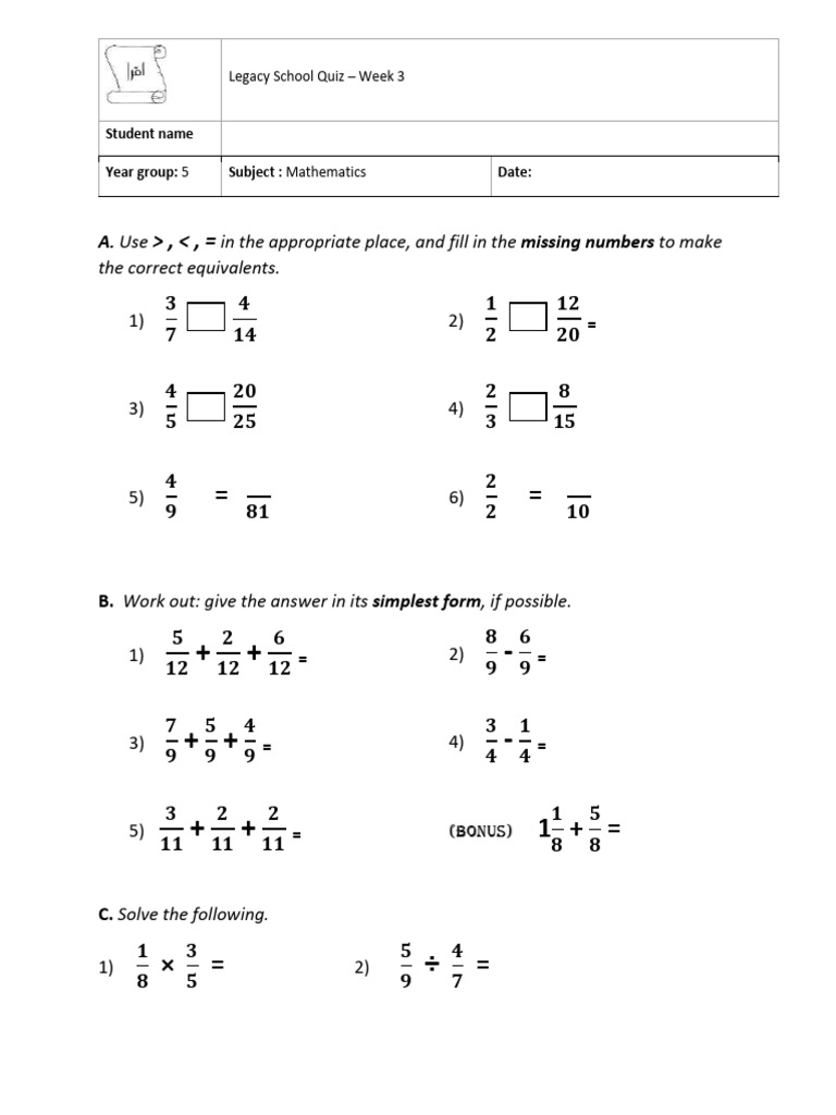 Week 3 Math Quiz for Year 5 Students | PDF