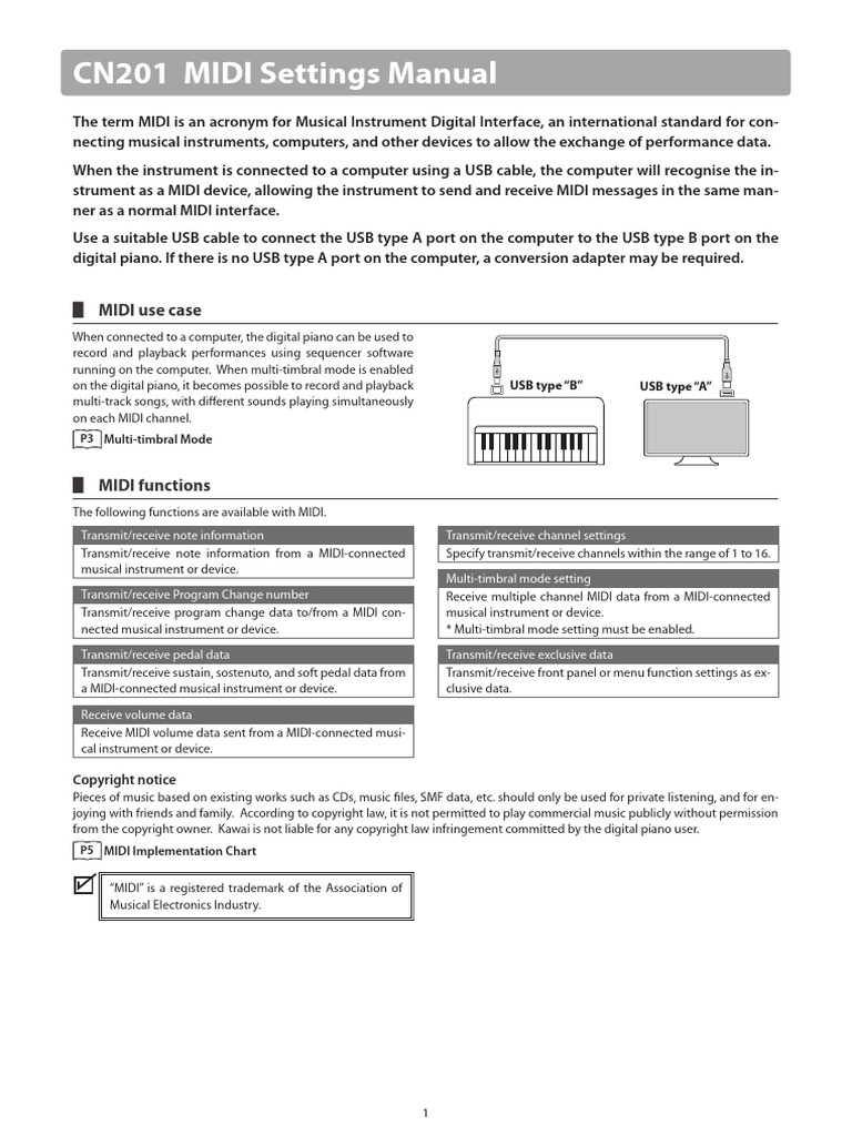 CN201 MIDI Settings Manual EN R100 | PDF | Usb | Piano