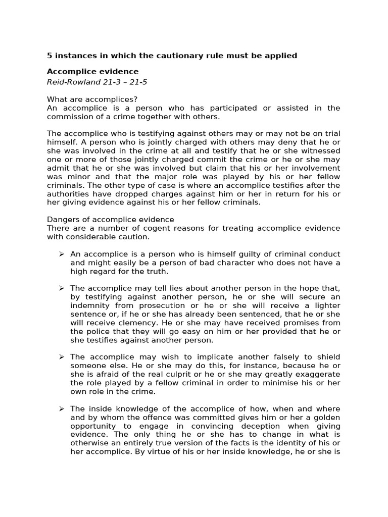 Cautionary Rule for Accomplice Evidence | PDF | Witness | Aiding And ...