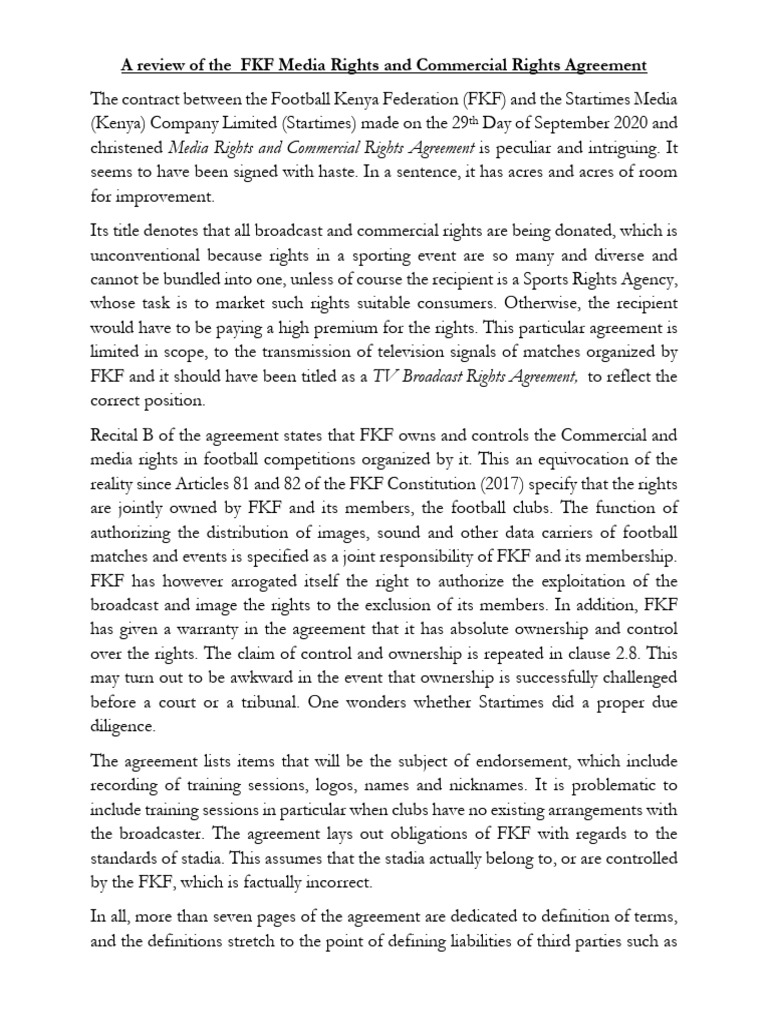 FKF Media Rights Agreement Review | PDF | Common Law | Private Law