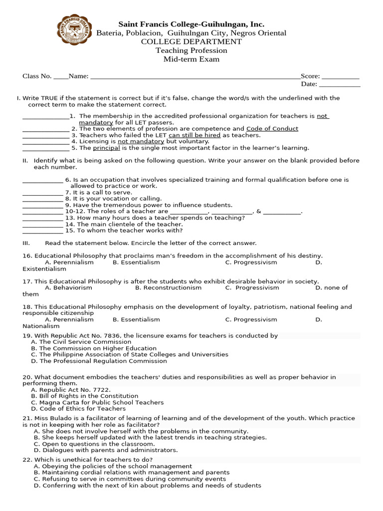 Teaching Profession Exam | PDF | Teachers | Philosophy Of Education