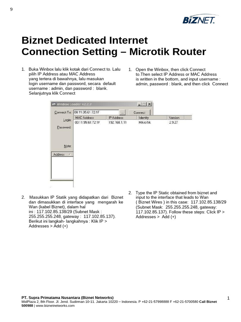 Biznet IP Setup for MikroTik Router | PDF | Ip Address | Domain Name System