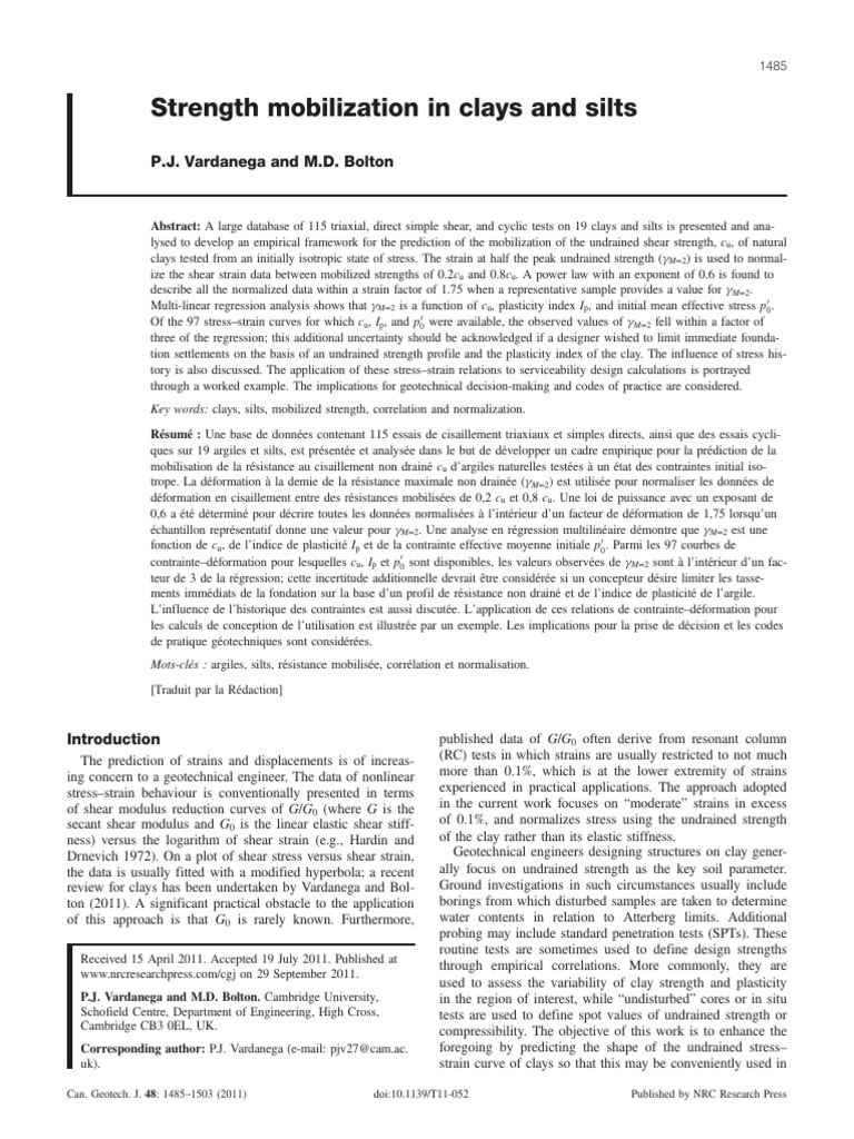 Vardanega Bolton 2011 Strength Mobilization in Clays and Silts | PDF ...