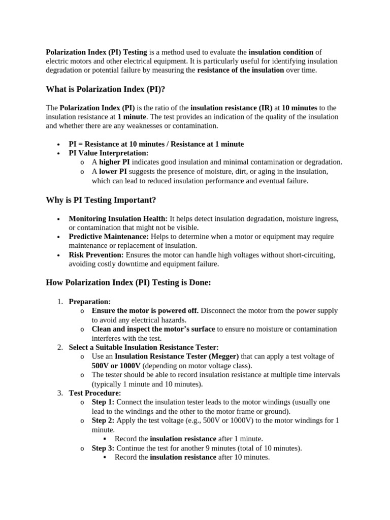 Polarization Index testing of motor and transformer | PDF | Insulator ...