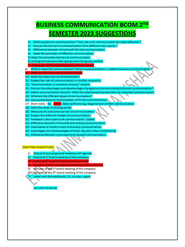 Business Communication Bcom 2nd Semester 2023 Suggestions | PDF