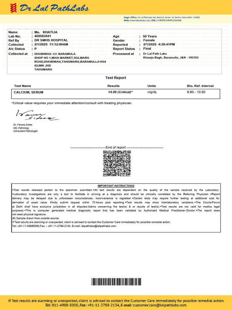 Critical Serum Calcium Test Report | PDF | Physician | Pathology