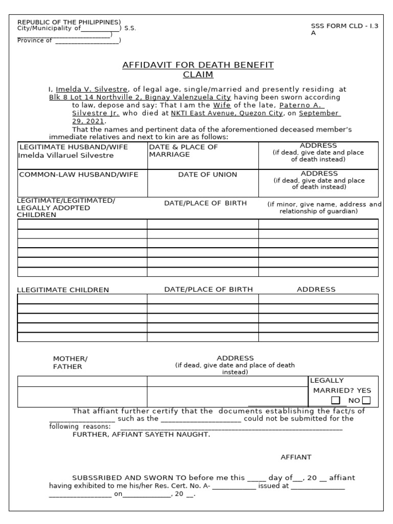 SSS CLD-1.3 Death Benefit Affidavit | PDF | Affidavit | Justice