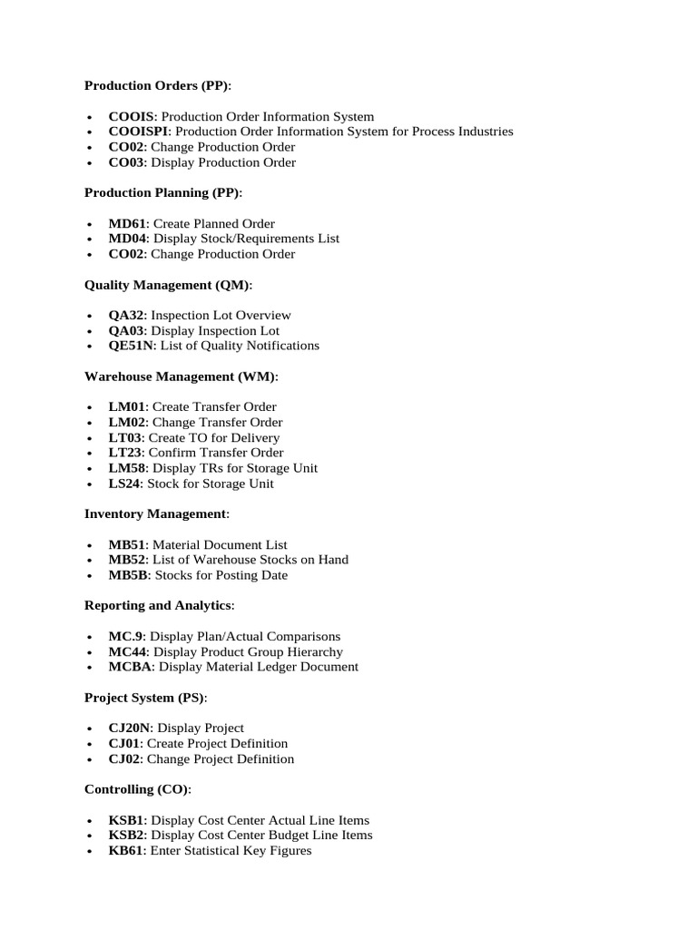 SAP T Codes for Key Functions | PDF
