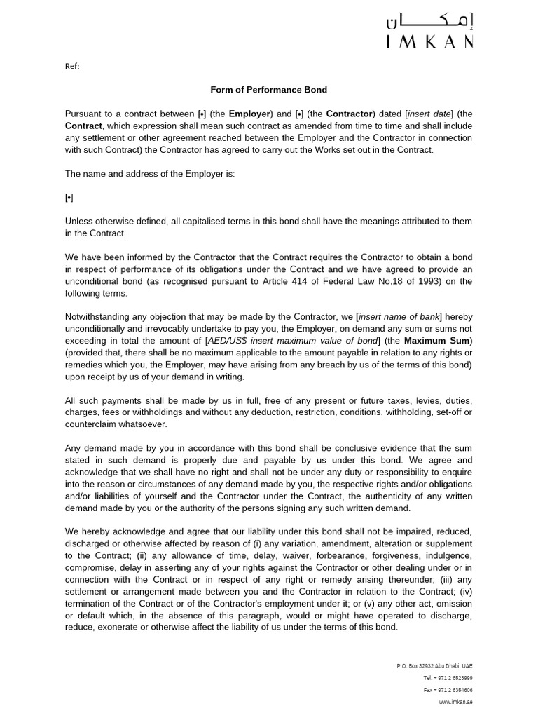 Performance Bond Agreement Template | PDF | Arbitration | United Arab ...