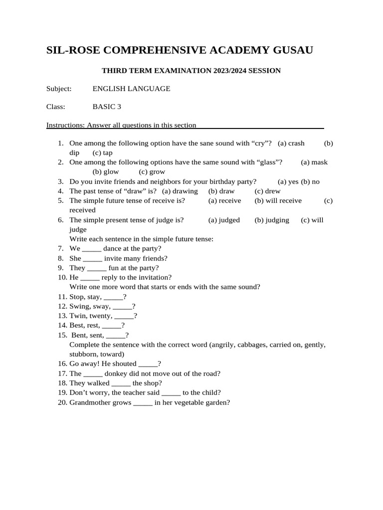 Basic 3 Third Term Exam 2023/2024 | PDF | Floppy Disk | Bedroom