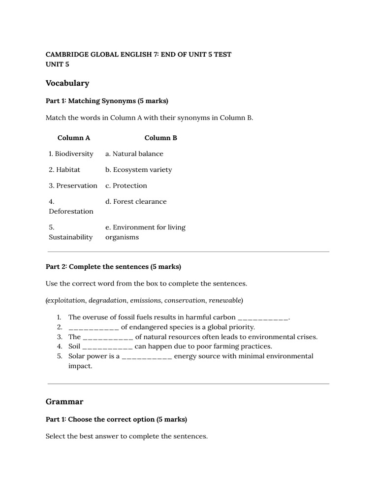 Cambridge Global English 7 Unit 5 Test | PDF | Deforestation ...