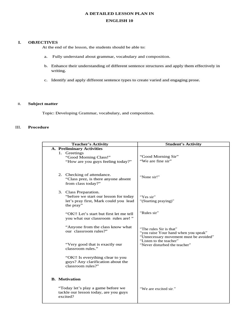 English 10 Grammar Lesson Plan | PDF | Word | Human Communication