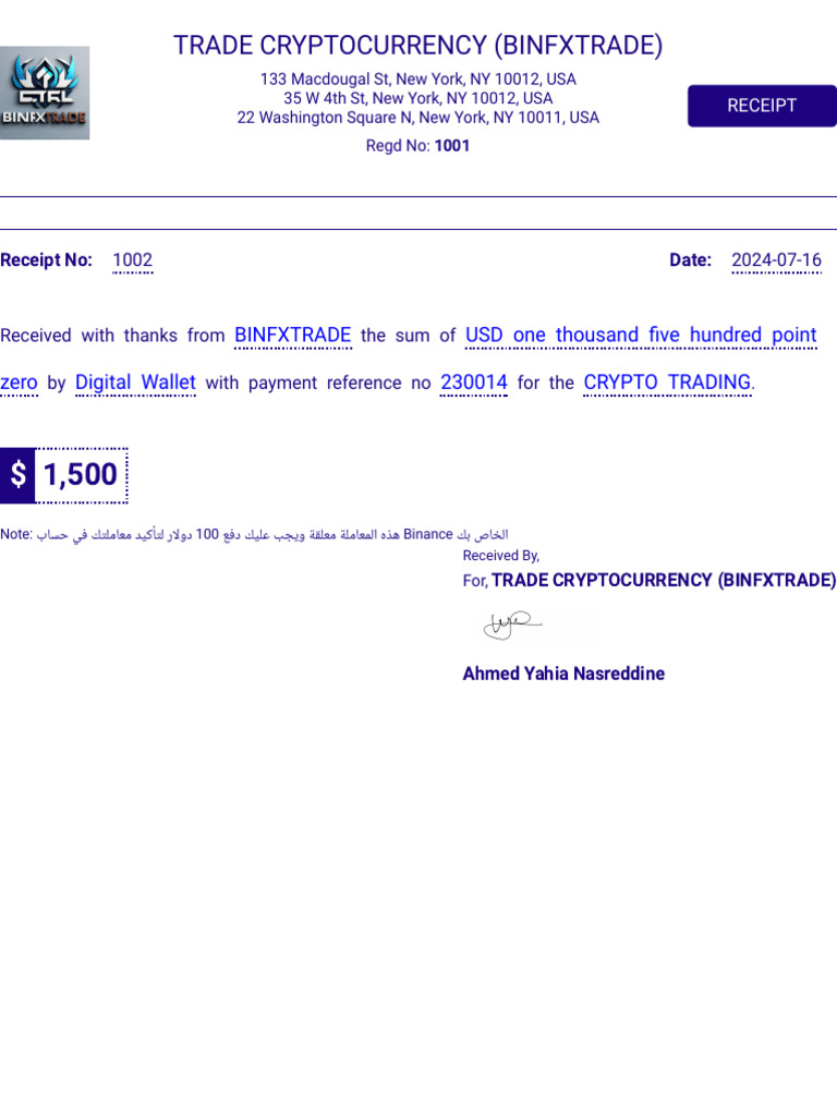 Receipt for $1500 Crypto Trade Payment | PDF