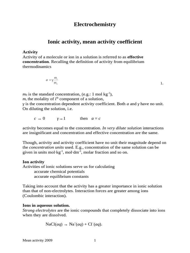 MeanActivityfinal | PDF | Chemical Equilibrium | Dissociation (Chemistry)