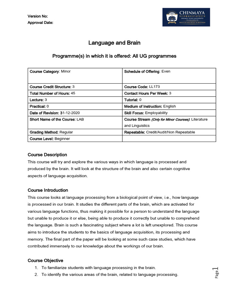 Language Processing in the Brain Course | PDF | Aphasia | Cognition