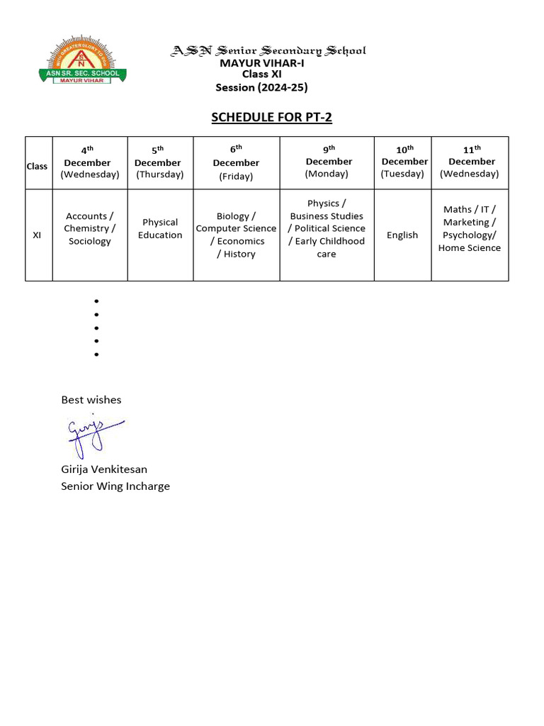 Class XI PT-2 Exam Schedule 2024-25 | PDF
