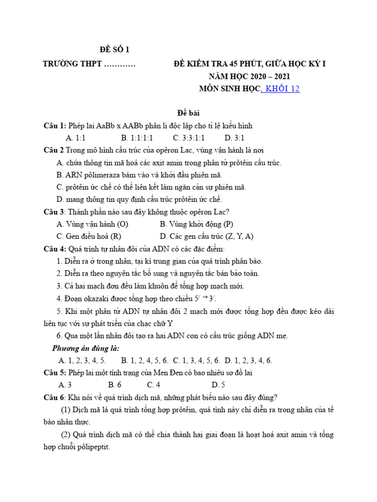 Bo de Thi Giua Hoc Ki 1 Mon Sinh Hoc Lop 12 | PDF
