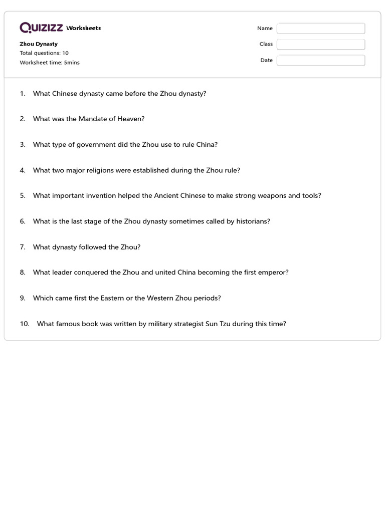 Zhou Dynasty Worksheets for Students | PDF