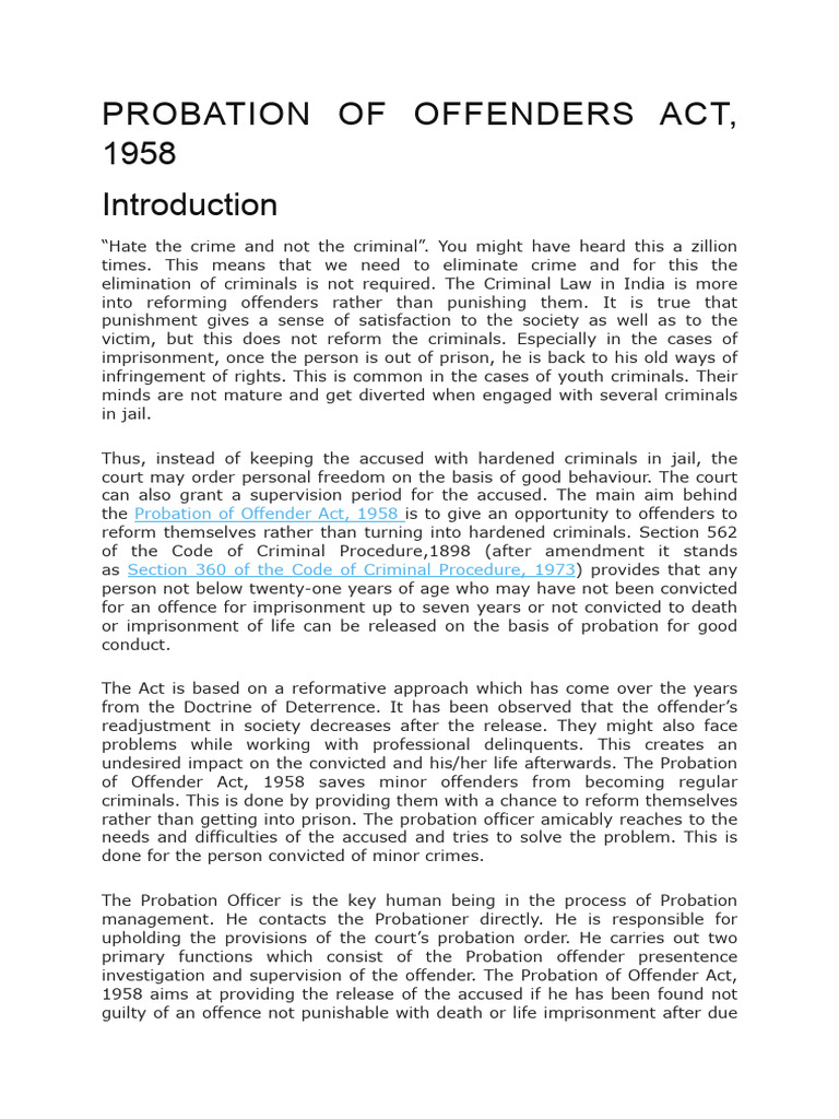 Probation Of Offenders Act Notes Pdf Probation Crimes