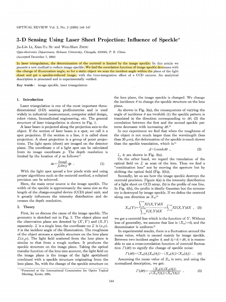 3-D Sensing Using Laser Sheet ProjectiOn Influence of Speckle | PDF ...
