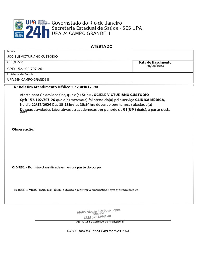 Atestado Médico - CID R52.2 | PDF