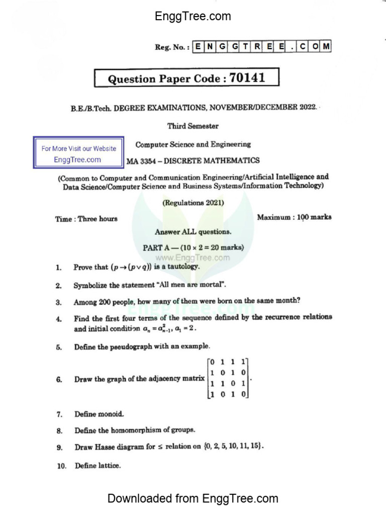 MA3354 Discrete Mathematics Nov Dec 2022 Question Paper Download | PDF