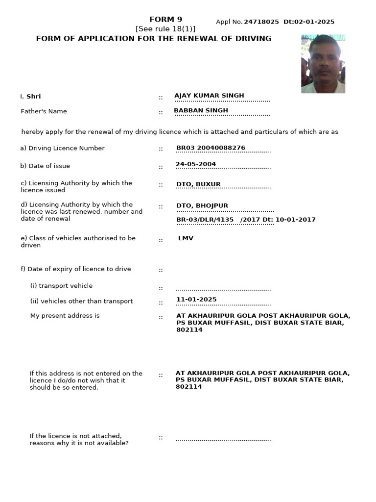 Form 9 Form of Application For The Renewal of Driving: (See Rule 18 (1 ...