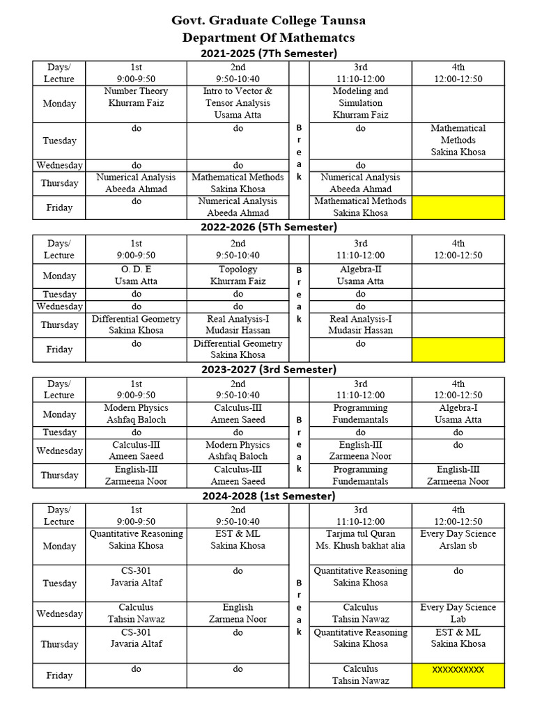Final Timetable Morning Fall 24-25 W.E.F 6-1-25 | PDF