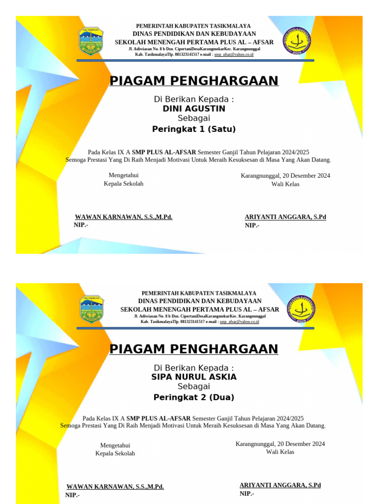 Piagam Ranking Kelas Ix A Pdf
