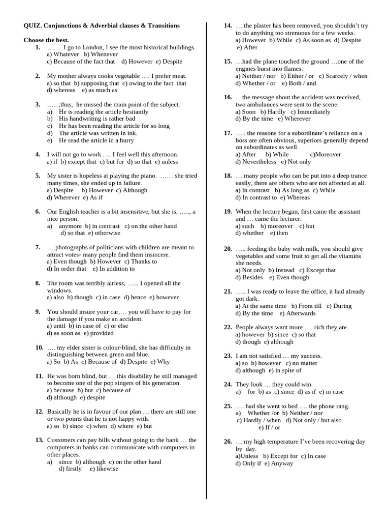 Conjunctions and Adverbial Clauses Quiz | PDF