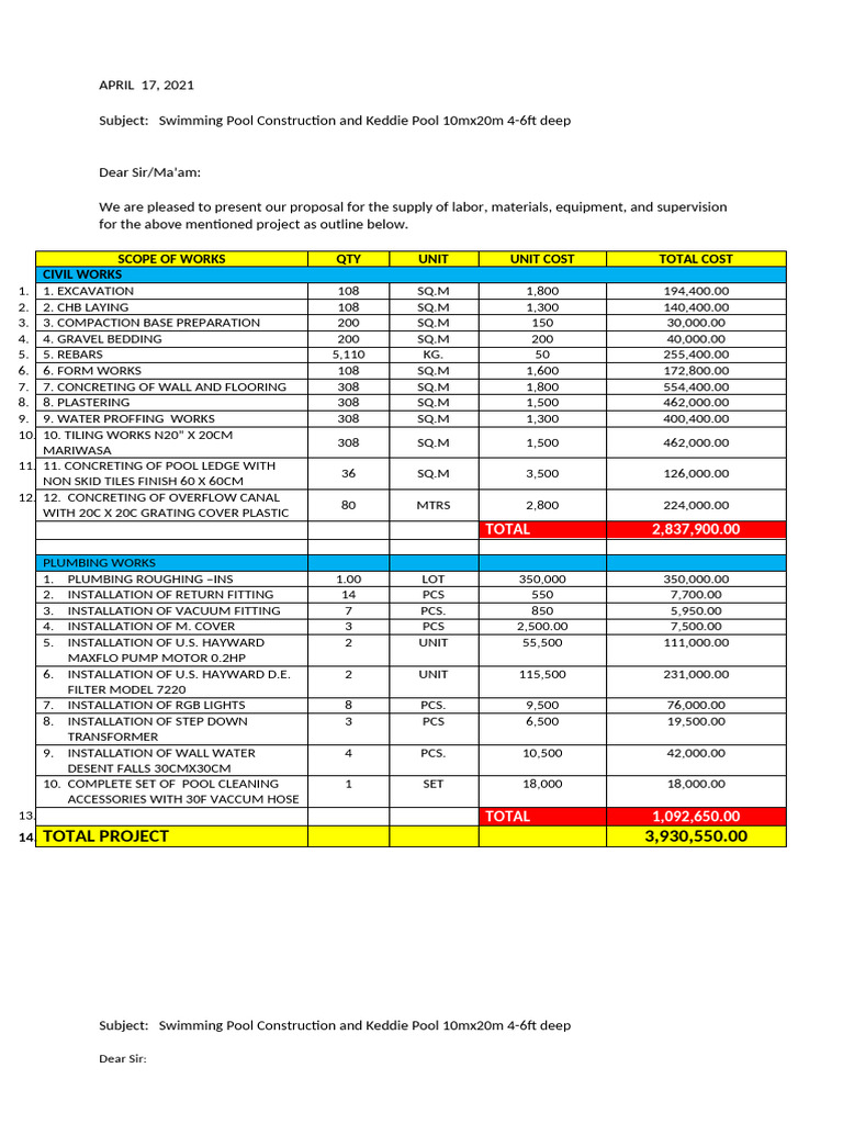 Swimming Pool Construction Proposal | PDF