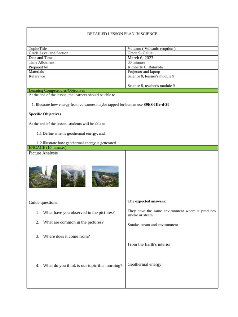 DETAILED LESSON PLAN IN SCIENCE Geothermal | PDF | Geothermal Energy ...