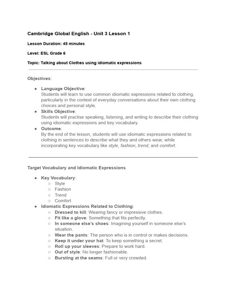 Esl Lesson Idioms About Clothing Pdf