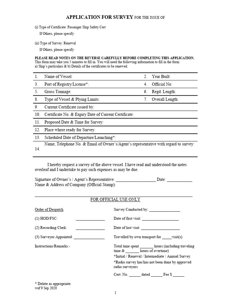 Application for Passenger Ship Survey | PDF | Cheque | Ships