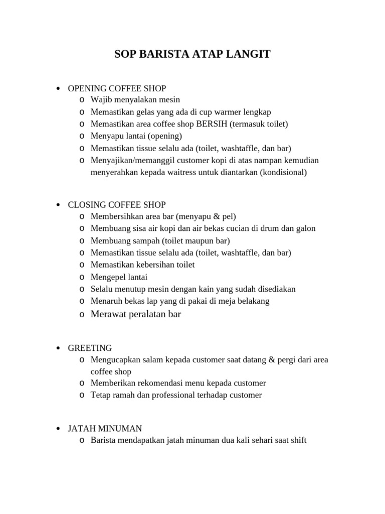 SOP Barista Coffee Shop Atap Langit | PDF