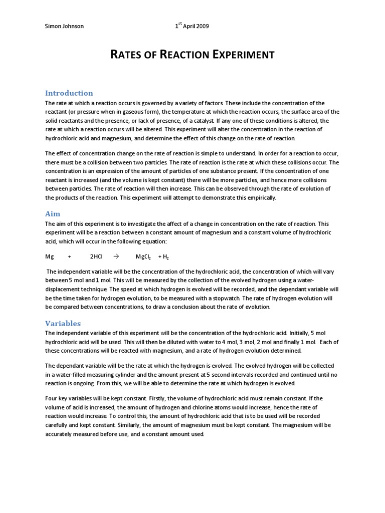 Rates of Reaction Experiment v.1.02 Reaction Rate Chemical Reactions