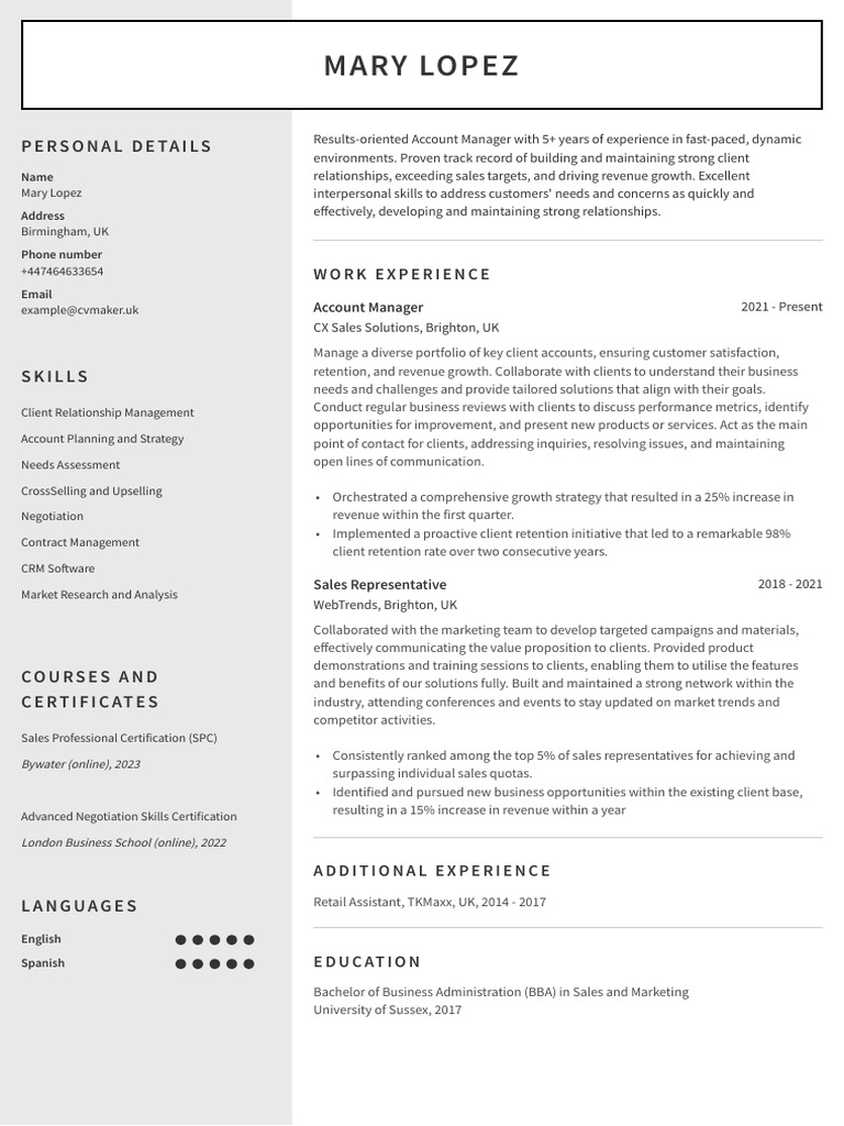 Example CV Account Manager E9e9e9 | PDF | Sales | Employee Retention