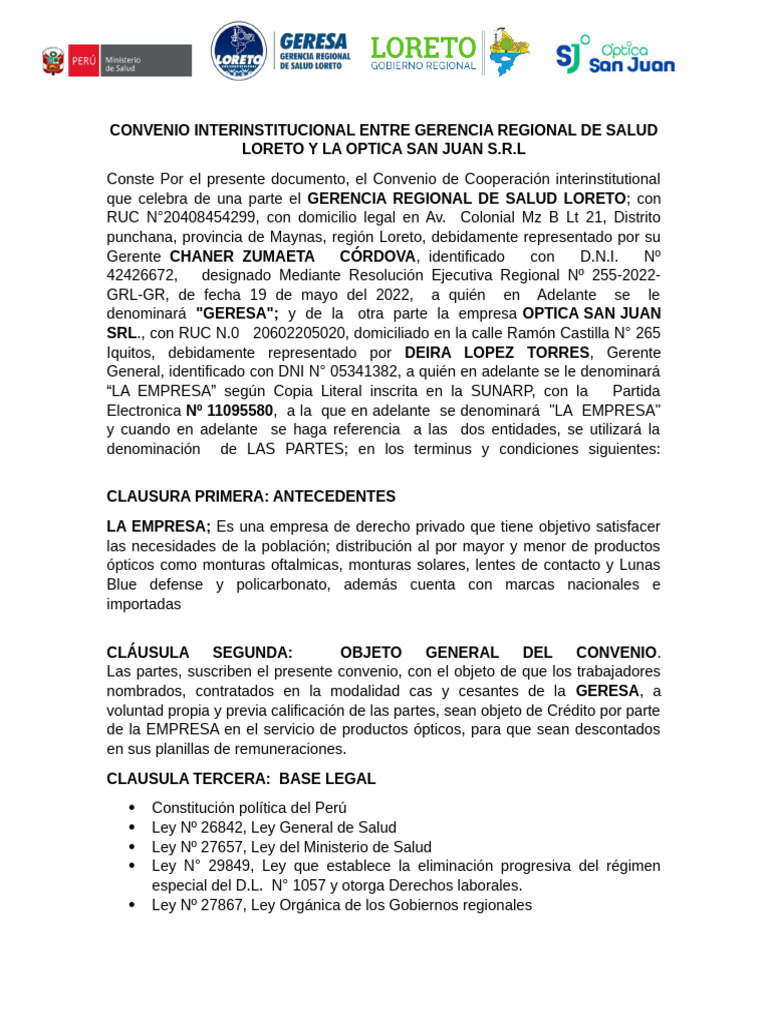 Convenio Interinstitucional Entre Gerencia Regional de Salud Loreto y ...