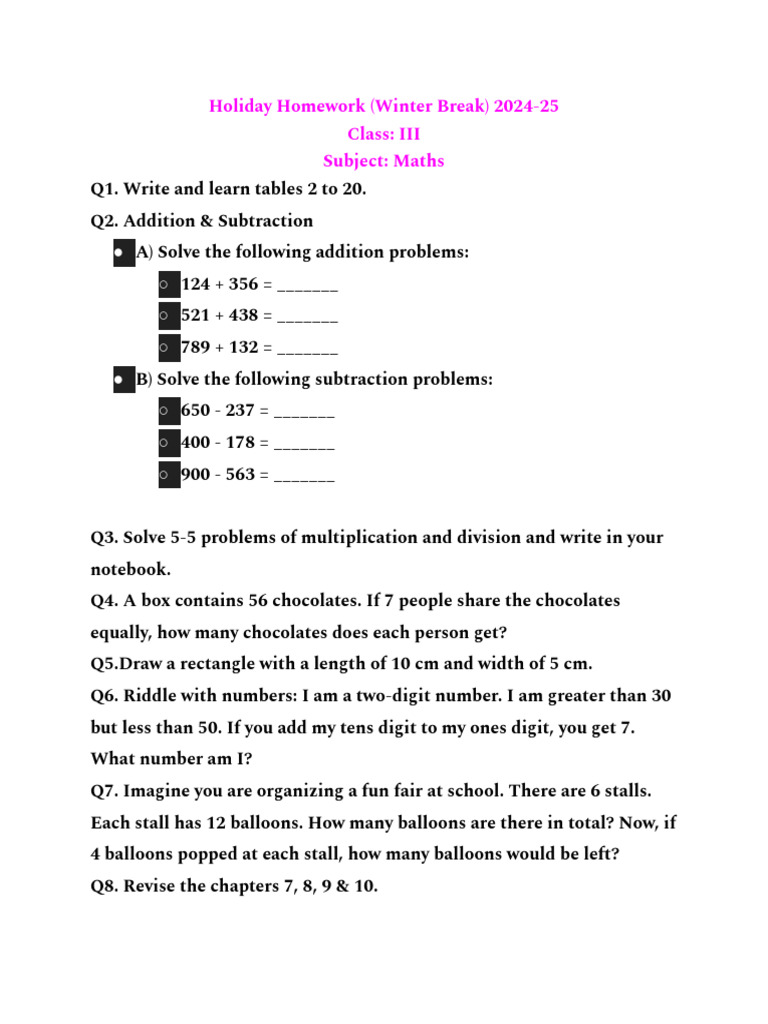 Class 3 Winter Maths Homework 2024-25 | PDF
