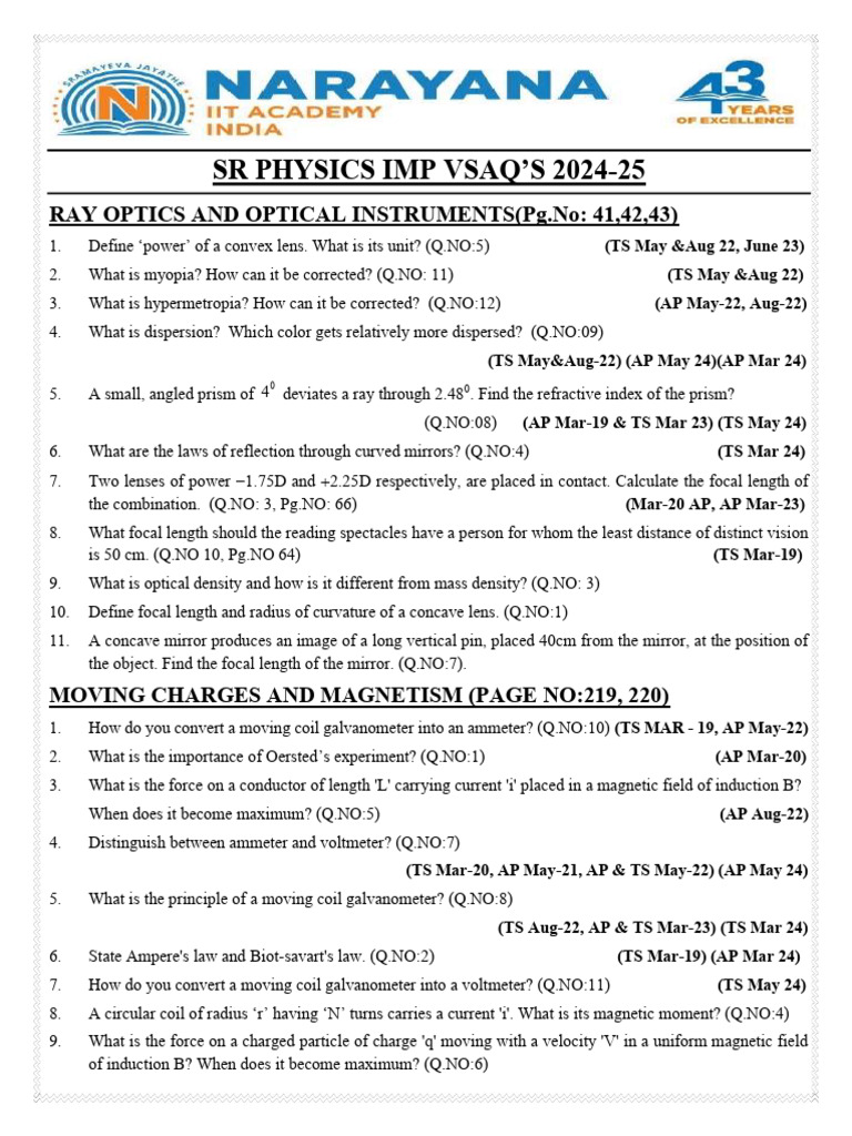 SR Physics Imp Vsaq's 2024-25 | PDF | P–N Junction | Electromagnetic ...