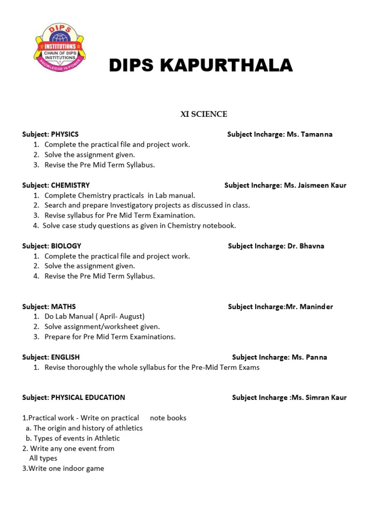 +1 Science Holiday Homework | PDF