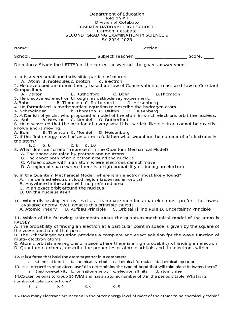 Science 9 2nd Quarter Exam | PDF | Chemical Bond | Mole (Unit)