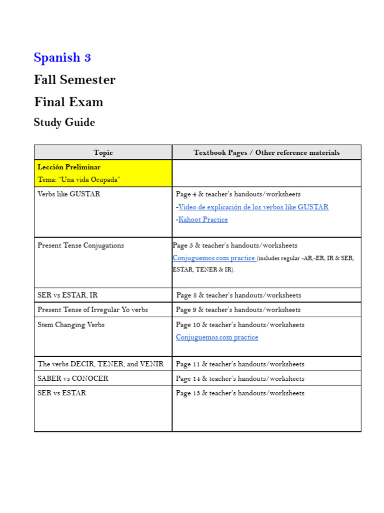 Spanish 3 Final Exam Study Guide | PDF | Languages | Linguistics