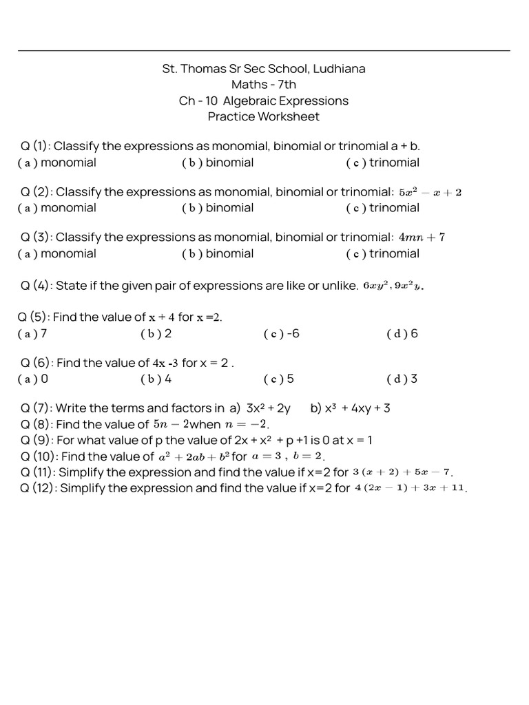 7th Math Work Sheet ch-10 Algebraic Expressions | PDF
