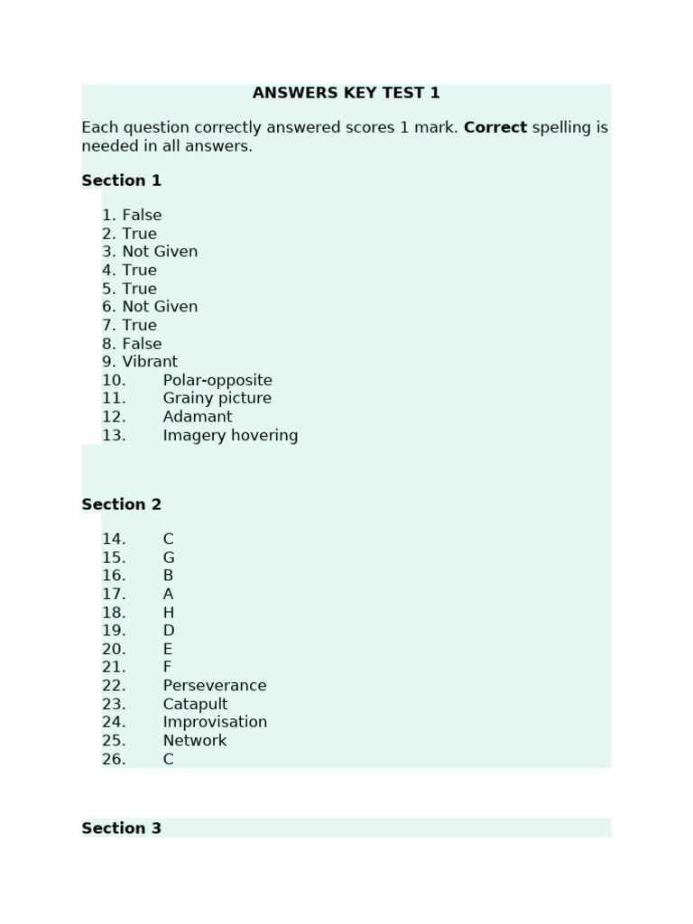 Test 1 Answers Key for Assessment | PDF