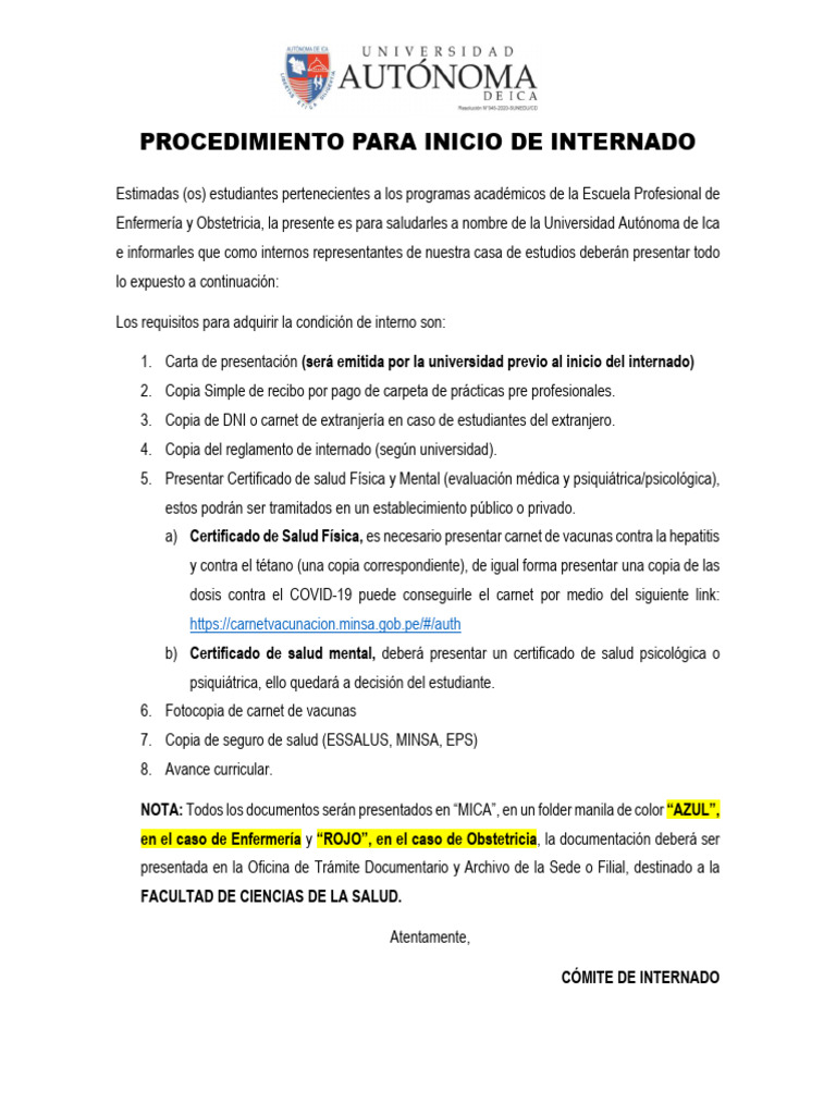 Requisitos para Internado en Enfermería y Obstetricia | PDF