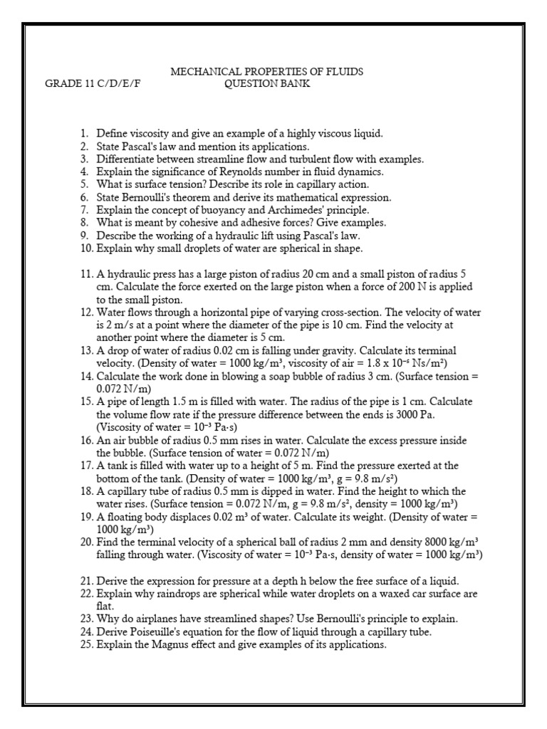 Fluid Mechanics Question Bank for Grade 11 | PDF | Fluid Mechanics ...